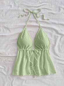 Blusa sin mangas con cuello halter y lazo en la espalda, adecuada para el verano - Verde 2 - Ver 6
