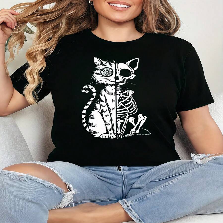 Casual Black Cotton T-Shirt for Women with Skeleton Cat Print, Short Sleeve Round Neck Tee Top, Loose Fit - Negro - Ver 1