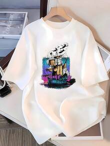 Barco navegando entre nubes y aves simboliza libertad y aventura con colores vivos que evocan atardeceres oceánicos camiseta de mujer  casual cómoda ideal para uso diario y estilo moderno - Blanco - Ver 3