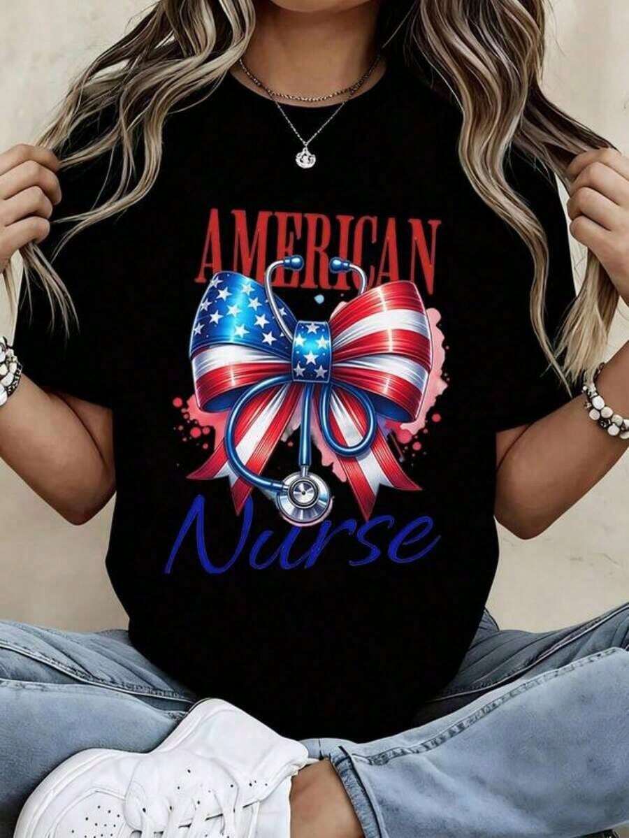 Camiseta de Cuello Redondo para Mujer con Estampado de Enfermera Americana, Lazo Patriótico y Estetoscopio, Manga Corta para Uso Casual y Orgullo de Enfermera - Negro - Ver 1