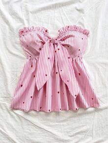Top tubo con volantes y nudo delantero con estampado de rayas y bloques de color para vacaciones de verano en la playa de mujer - Multicolor - Ver 3