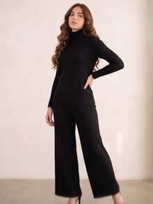 Women's Ribbed Knit Set: Wide Leg Pants And Long Sleeve Knit Top - Comfortable And Elegant For Autumn/Winter - 混釀葡萄酒 - 查看 3