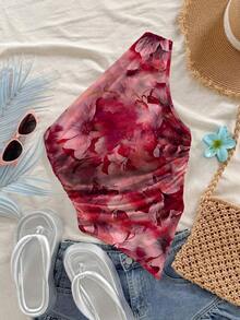 Blusa asimétrica de hombro con bajo asimétrico en color rojo rosa, ideal para vacaciones de verano - Rosa Oxidada - Ver 1