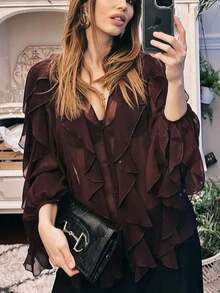 Camisa casual y elegante de mujer con mangas largas, diseño de volantes en capas y unicolor, adecuada para festivales de música/temporada de bodas, primavera/verano - Burdeos 2 - Ver 2