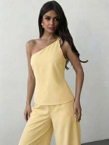 Nueva llegada Primavera/Verano Elegante Top casual de lino color albaricoque con cintura fruncida, bajo asimétrico y espalda descubierta - Amarillo claro - Ver 4