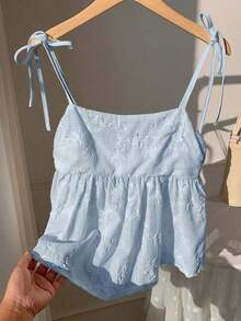 Camiseta sin mangas casual con volantes bordados para mujer - Azul - Ver 6