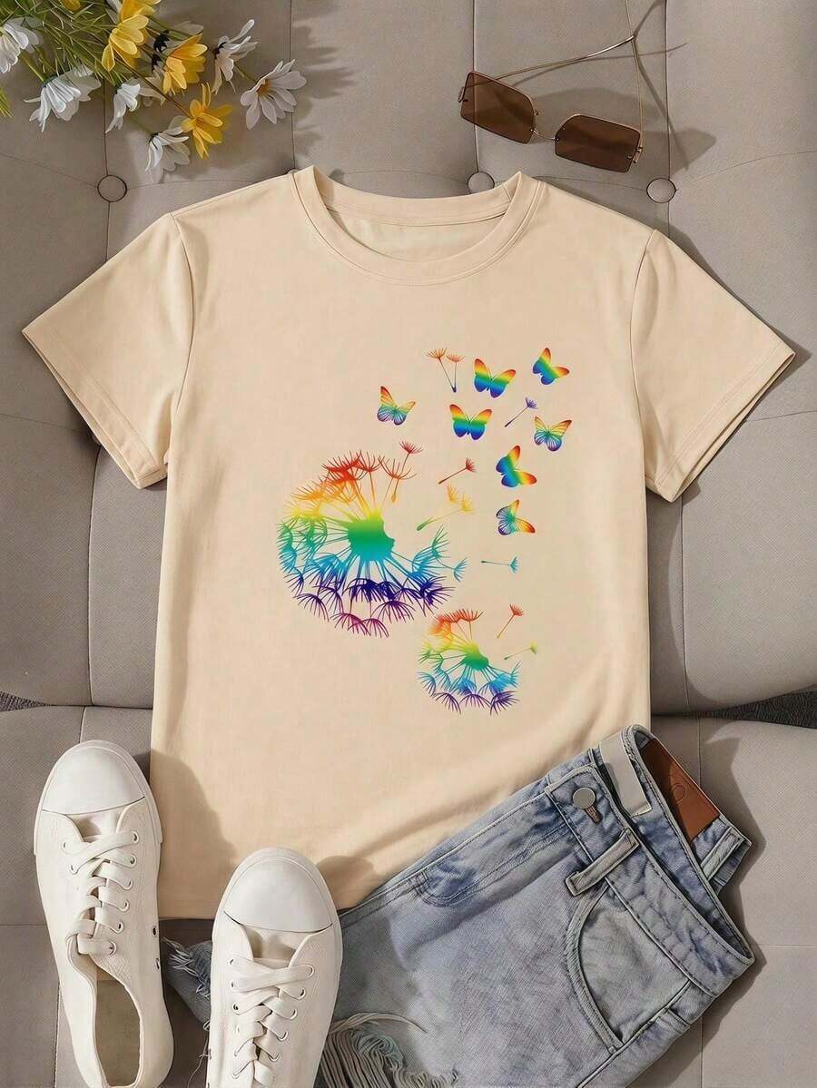 Women's Olive Green Casual T-Shirt With Round Neck And Short Sleeves, Polyester, With Dandelion And Butterfly Print, Regular Length Top, Women's Blouses, Women's T-Shirts, Casual Blouses For Ladies - 杏 - 查看 1