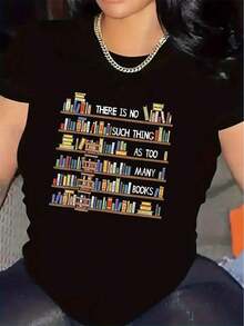 Camiseta Gráfica para Mujer en Blanco y Negro con Diseño de Estantería - Frase "No Existe Demasiado Libro" - Camiseta Ligera de Poliéster para Amantes de los Libros, Bibliotecarias, Lectores - Regalo Literario para el Hogar, la Biblioteca, o para Atuendos Casuales - Camiseta Literaria para el Día a Día, Camiseta de Librería, Ropa para la Biblioteca de Casa, Diseño de Librería, Camiseta de Ajuste Cómodo, Ropa para Entusiastas de la Lectura, Camiseta de Cuello Redondo, Material Duradero, Ropa Literaria - Negro - Ver 11