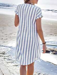 Vestido camisero de verano para mujer, de manga corta, cuello en V y rayas, hasta la rodilla, vestidos de verano para mujer, vacaciones - Azul y blanco - Ver 3