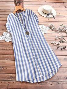 Vestido camisero de verano para mujer, de manga corta, cuello en V y rayas, hasta la rodilla, vestidos de verano para mujer, vacaciones - Azul y blanco - Ver 5