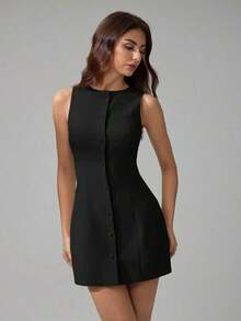 Tall Vestido mini elegante de unicolor con cuello redondo y sin mangas para mujer - Negro - Ver 7