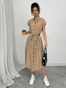 Vestido largo de manga corta para verano 2025, nuevo, con bolsillo, abertura lateral, cinturón y lazo, estampado de leopardo, para uso casual y de viaje - Caqui - Ver 5