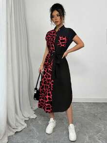 Vestido largo de manga corta para verano 2025, nuevo, con bolsillo, abertura lateral, cinturón y lazo, estampado de leopardo, para uso casual y de viaje - Rojo 2 - Ver 3