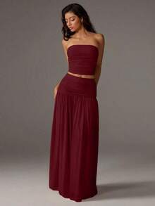 Unity Conjunto de 2 piezas de top corto de bustier de malla de unicolor y falda larga para mujer - Burdeos - Ver 7