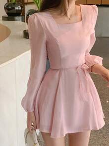 Vestido mini de manga larga con cuello redondo para mujer, de color rosa, vestido de verano para primavera/verano/otoño - Rosa - Ver 8