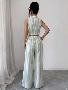 Nuevo conjunto de 2 piezas de primavera/verano con top sin mangas de lino texturizado a rayas azul y blanco, y pantalones casuales acampanados con bolsillos duales, elegante estilo casual - Verde - Ver 2