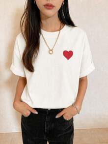 Nuevo Estilo de Verano 2026, Camiseta de Mujer de Cuello Redondo, Manga Corta Casual con Estampado de Corazón, 100% Algodón, Talla Grande, Ideal para Salir, Viajar y Uso Diario en la Calle. - Blanco - Ver 3