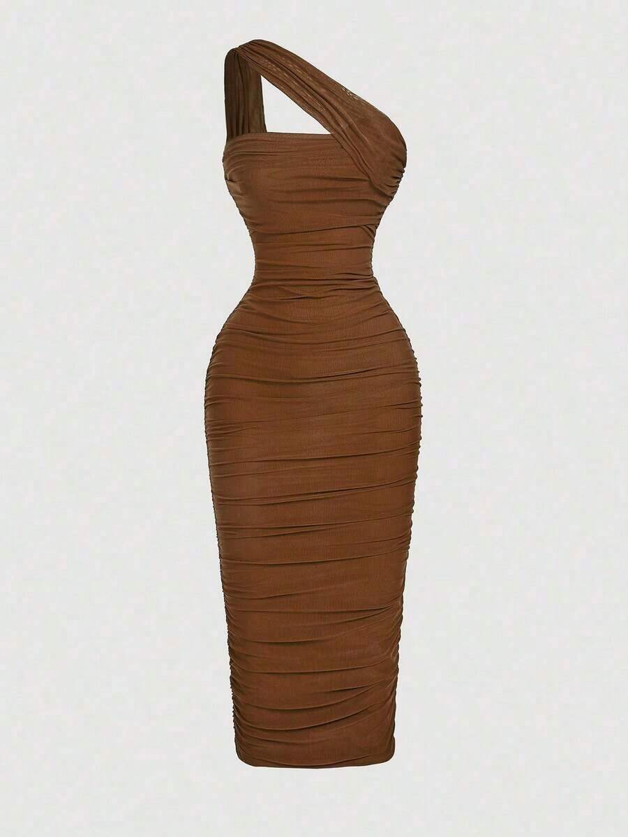 Vestido sin mangas con pliegues asimétricos de estilo vintage para mujer - Marrón - Ver 1