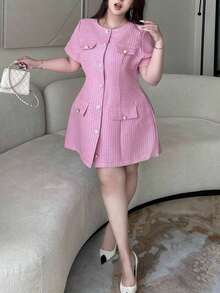 Vibekara Vestido de verano elegante de talla grande con cuello redondo, manga corta y botones delanteros - Rosa - Ver 4