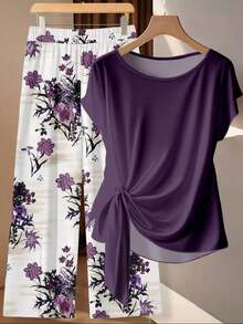 Conjunto de 2 piezas de blusa con lazo y pantalones rectos para mujer, informal - Multicolor 5 - Ver 2