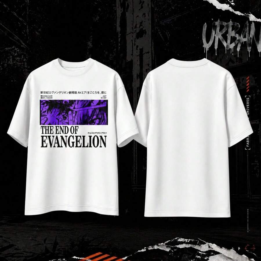Camiseta Oversized Masculina The End of Evangelioon Gola Alta Premium Streetwear Manga Curta Lançamento Para O Dia A Dia  Moda Urbana - Branco - Visão 1