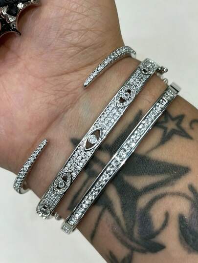 1/3pcs Stainless Steel 16K Gold Plated Devil's Eye Rhinestone Bracelet + 16K Gold Plated Copper Inlaid Artificial Zirconia Heart Bangle Set, Fashionable Women's Bracelet Suit For Daily Wear, Holiday Gift