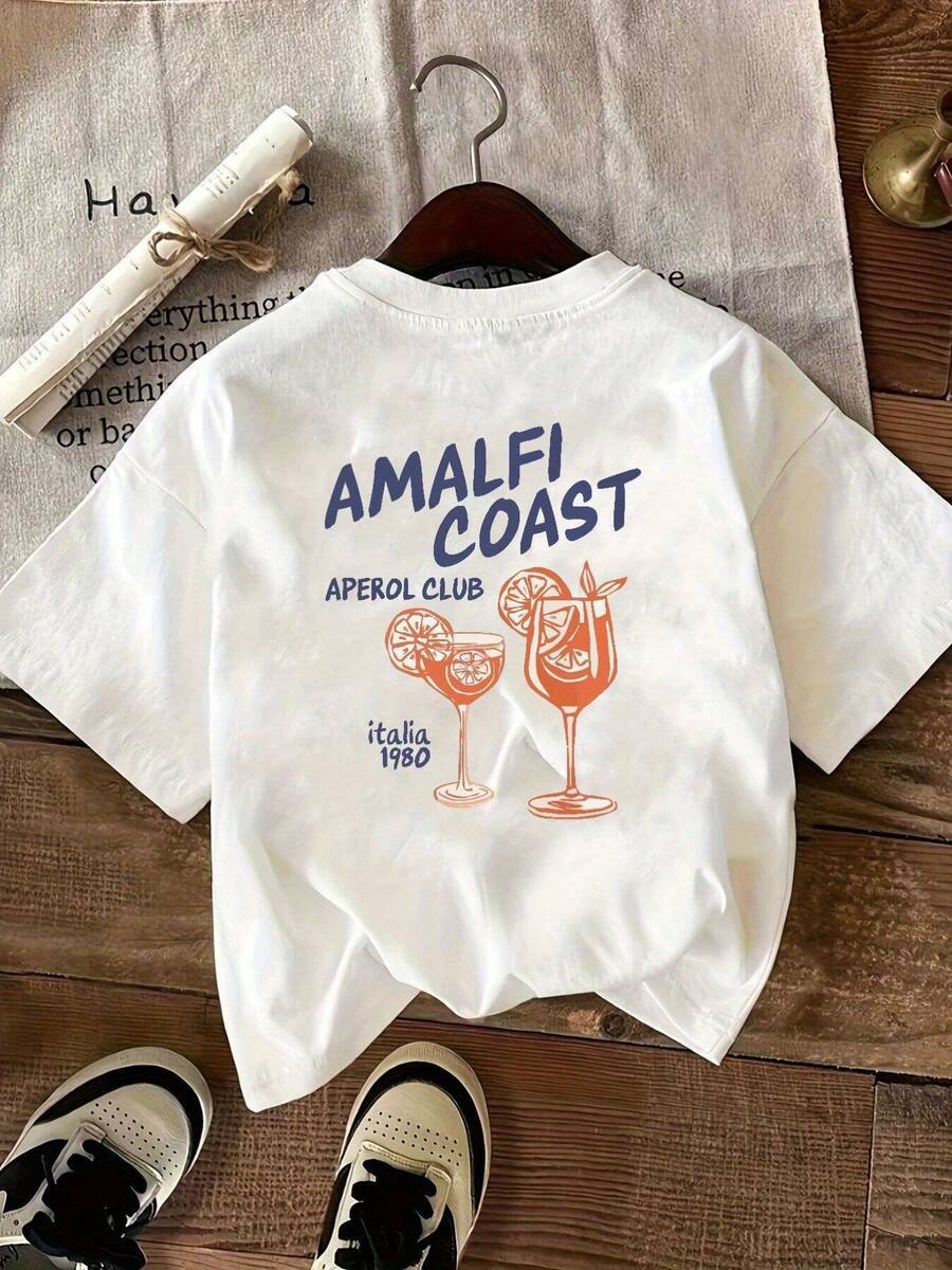 Women's Graphic T-Shirt "Aperol Club" By La De Amalfi - Retro 80s Cocktail Print, Short Sleeve, Casual Round Neck, White, Medium Elasticity, Machine Washable, Spring, Summer And Autumn Clothing, Y2k Style. - 黑色 - 查看 1