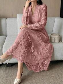Vestido de media longitud con cinturón y cuello de encaje elegante para mujer, vestido de verano/primavera - Rosa - Ver 2