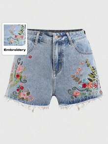 Fairycore Shorts vaqueros de mujer con bordado floral y bajo deshilachado, para la escuela - Celeste - Ver 5