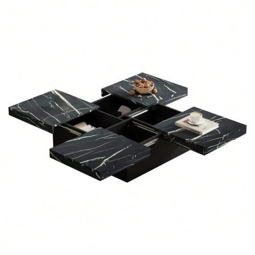 Modern White Square Coffee Table With Marble Look, 90 X 90 X 25 Cm – Four Drawers, Sliding Top, Load Capacity Up To 30 Kg. - Black - View 1