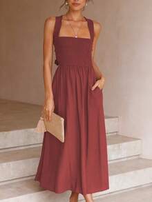Vestido tirantes cuello barco algodón lino unicolor espalda descubierta elegante sensual estilo europeo verano - Marrón - Ver 2