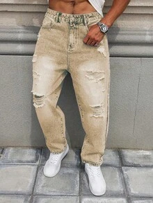 Men's Loose Comfortable Versatile Relaxed Fit Distressed Straight Leg Jeans, Fashionable For Spring & Autumn - Khaki - View 8