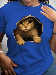 Camiseta de manga corta para mujer 'Kitten in a Hole' de tela gruesa, ropa de mujer, camiseta casual de manga corta para primavera/verano, camiseta casual de manga corta, idea de regalo. - Azul - Ver 6