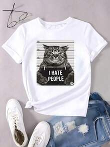 Camiseta informal de manga corta y cuello redondo para mujer con un divertido estampado de gatos. - Blanco - Ver 2