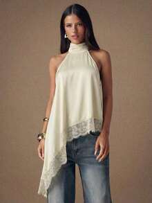 Satin Top With Elegant Lace Patches, Backless, Sexy Halter Neck Sleeveless Blouse For Parties, Cocktails, Formal Occasions, Christmas And Business Casual - 杏 - 查看 12
