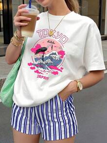 Women's Casual Short-Sleeved Crew Neck T-Shirt With A White Crane Print Of Tokyo, Japan, Perfect For Summer Outfits. UDKD - 白色 - 查看 1