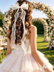 2 piezas Pinzas para el cabello con lazo blanco y borla de perla falsa, Corsage de muñeca blanco, Adecuado para boda, banquete, accesorios de dama de honor, barrettes para el cabello, pinzas para el cabello - Multicolor - Ver 3
