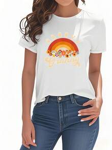 Women's Short-Sleeved T-Shirt, Made Of Pure Cotton With A Printed Rainbow Floral Design In A Hippie Style, Round Neck, Vintage Retro Style Women's Clothing, Modern And Unique, Versatile And Casual, Suitable For Daily Outings, Parties And Meetings, An Excellent Gift Choice. - 白色 - 查看 6