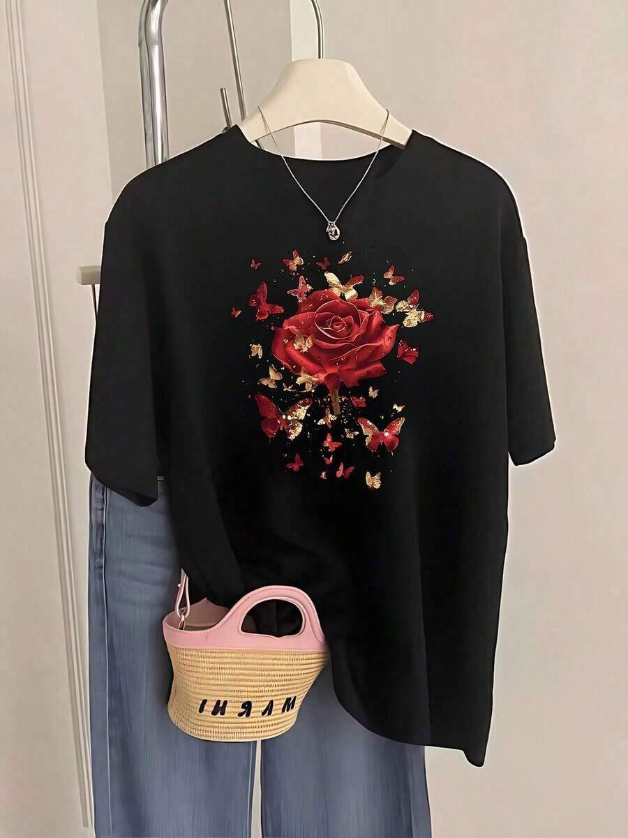 Camisetas de manga corta de talla grande para mujer, ideales para el verano y el uso diario, camisetas básicas. Nueva camiseta de manga corta para mujer 2026 con estampado "Romántico, Hermoso, Transformación".Un regalo de verano a la moda, adecuado para fiestas y uso diario. Transpirable y cómodo. - Negro - Ver 1