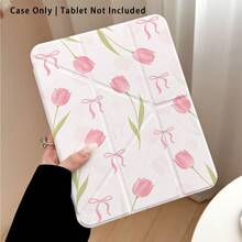 Pink Tulip Pattern Painted Effect Acrylic Crystal Tablet Protective Case, With Stand, Foldable Anti-Bending, Silicone Reinforced Corners, Auto Wake/Sleep Function, Built-In Pen Slot, Multi-Angle Foldable Stand - Multicolor - View 4