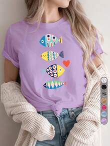 Camiseta deportiva casual vintage para mujer, camiseta de cuello redondo, estampado de peces coloridos, juvenil y a la moda, ropa de vacaciones, temática de verano, diseño de peces en forma de corazón, peces, colorida, cómoda para todas las estaciones. - Blanco - Ver 9