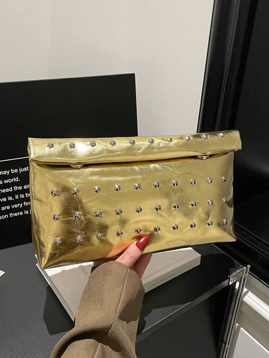 時尚純色女款手提包 大容量翻蓋磁扣小方包 鱷魚壓紋女包 - 金色 - 查看 1