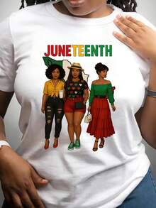 Camiseta de manga corta con estampado del Día de la Independencia para mujer, diseño Black Magic Black Pride, una vibrante celebración cultural, de cuello redondo, informal, adecuada para primavera, verano y otoño. Idea de regalo. - Blanco - Ver 1