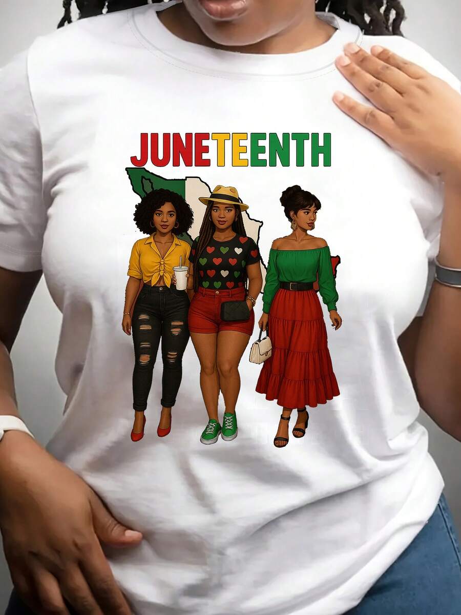 Camiseta de manga corta con estampado del Día de la Independencia para mujer, diseño Black Magic Black Pride, una vibrante celebración cultural, de cuello redondo, informal, adecuada para primavera, verano y otoño. Idea de regalo. - Blanco - Ver 1