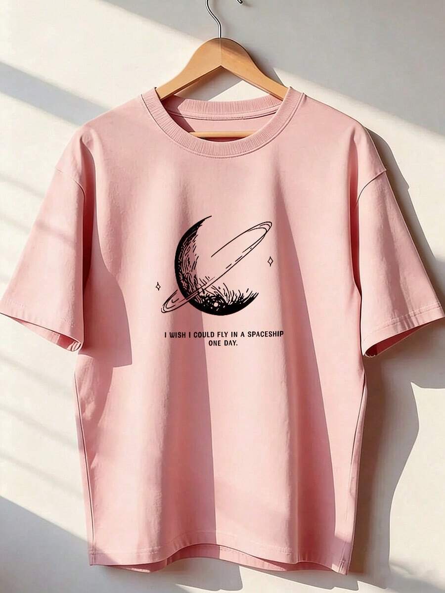 Universe And Dreams Theme Short Sleeve T-Shirt, Fashionable Short Sleeve T-Shirt For Spring And Summer 2026, Made In Mexico, 180 Grams. Cartoon Print, Couple Design, Suitable For Indoor Or Outdoor Wear. Crew Neck, Unisex, Ideal For Office And Leisure. One-Piece Pack. - PK-P631577SLNDXZGY481 - 查看 1