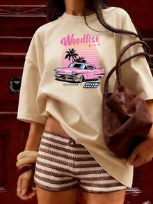 Camiseta con Coche Clásico Rosa y Palmeras al Atardecer,Camiseta de manga corta de moda para primavera y verano de 2026, hecha en México, 180 gramos. Estampado de dibujos animados, modelo de pareja, apta para uso interior o exterior. Cuello redondo, unisex, ideal para oficina y ocio. Paquete de una pieza. - APR-P631577SLNDXZGY502 - Ver 4