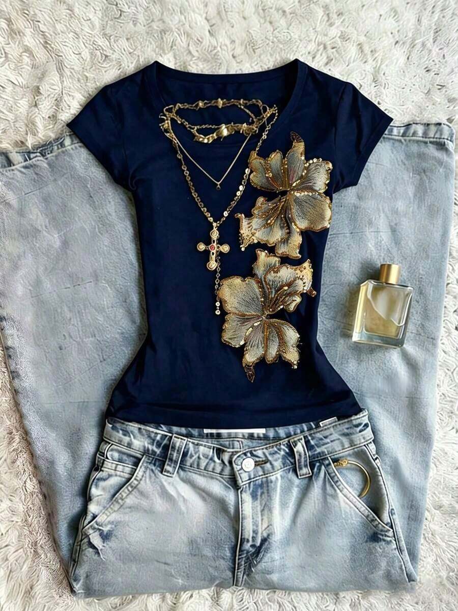 Camiseta casual de mujer de cuello redondo y manga corta con estampado floral - Multicolor 6 - Ver 1