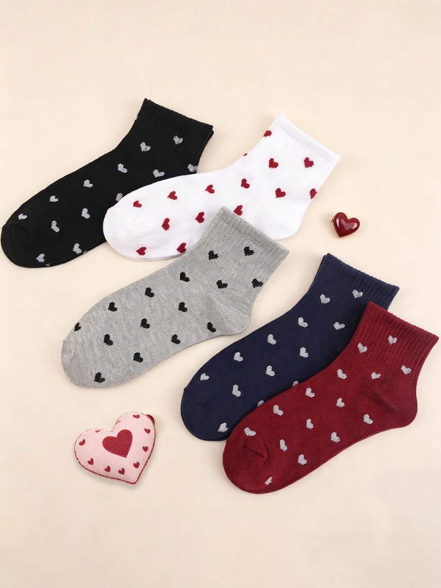 5 Pairs Women's Soft & Comfortable Heart Pattern Daily Ankle Socks, Spring/Summer - Multicolor - View 1