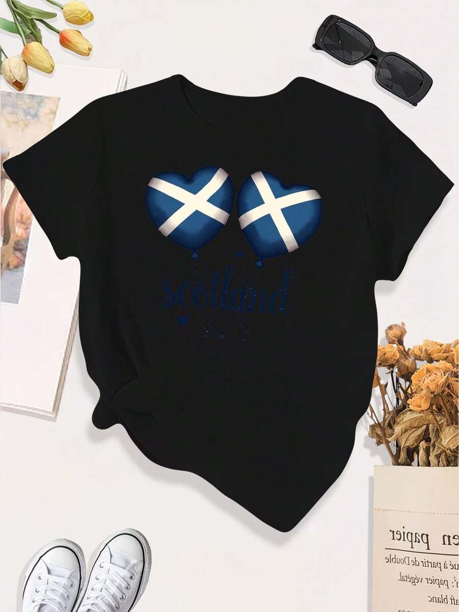 Women's Casual Short Sleeve Crew Neck T-Shirt, 2026 Fashion, 100% Cotton - Casual Design With Scottish Flag And Saltire Emblem, Crew Neck, Comfortable For Year-Round Wear At Scottish Heritage Events And Everyday Outfits. Soft And Comfortable Short-Sleeved Top For Daily Use. - 黑色 - 查看 1