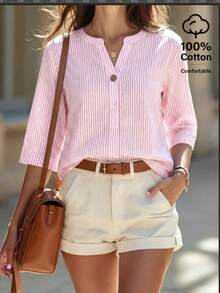 Camisa de algodón casual de mujer con cuello en V y mangas 3/4 a rayas - Rosa - Ver 1